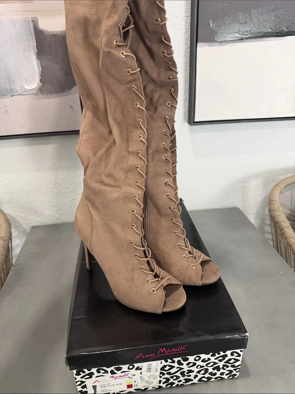 Anne Michelle Tan Lace-Up Peep Toe Over-the-Knee Boots